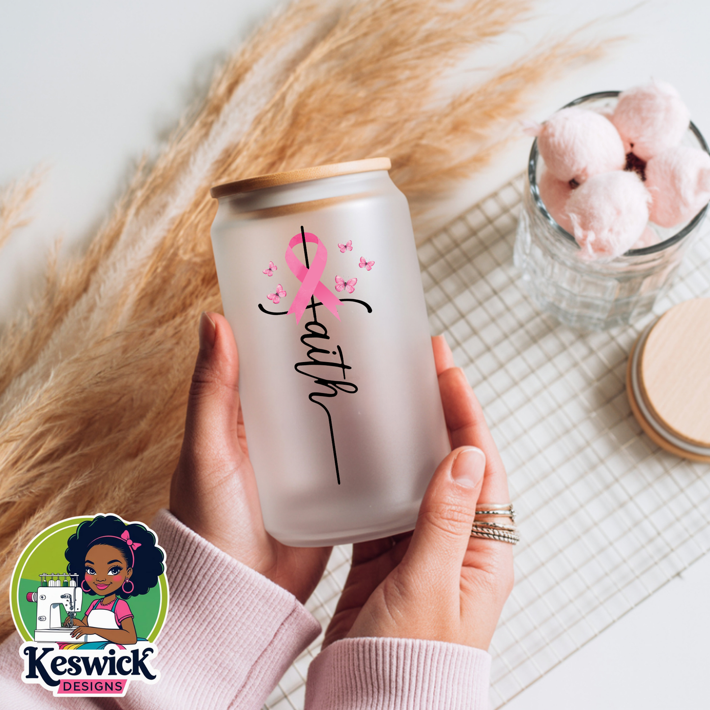 Faith Pink Ribbon Libbey Glass | Breast Cancer Awareness Cup | Inspirational Glass Cup | Pink Ribbon Gift for Her | Survivor Gift | Cancer Support Tumbler| 16oz Libby frosted Glass with bamboo Lid and Straw
