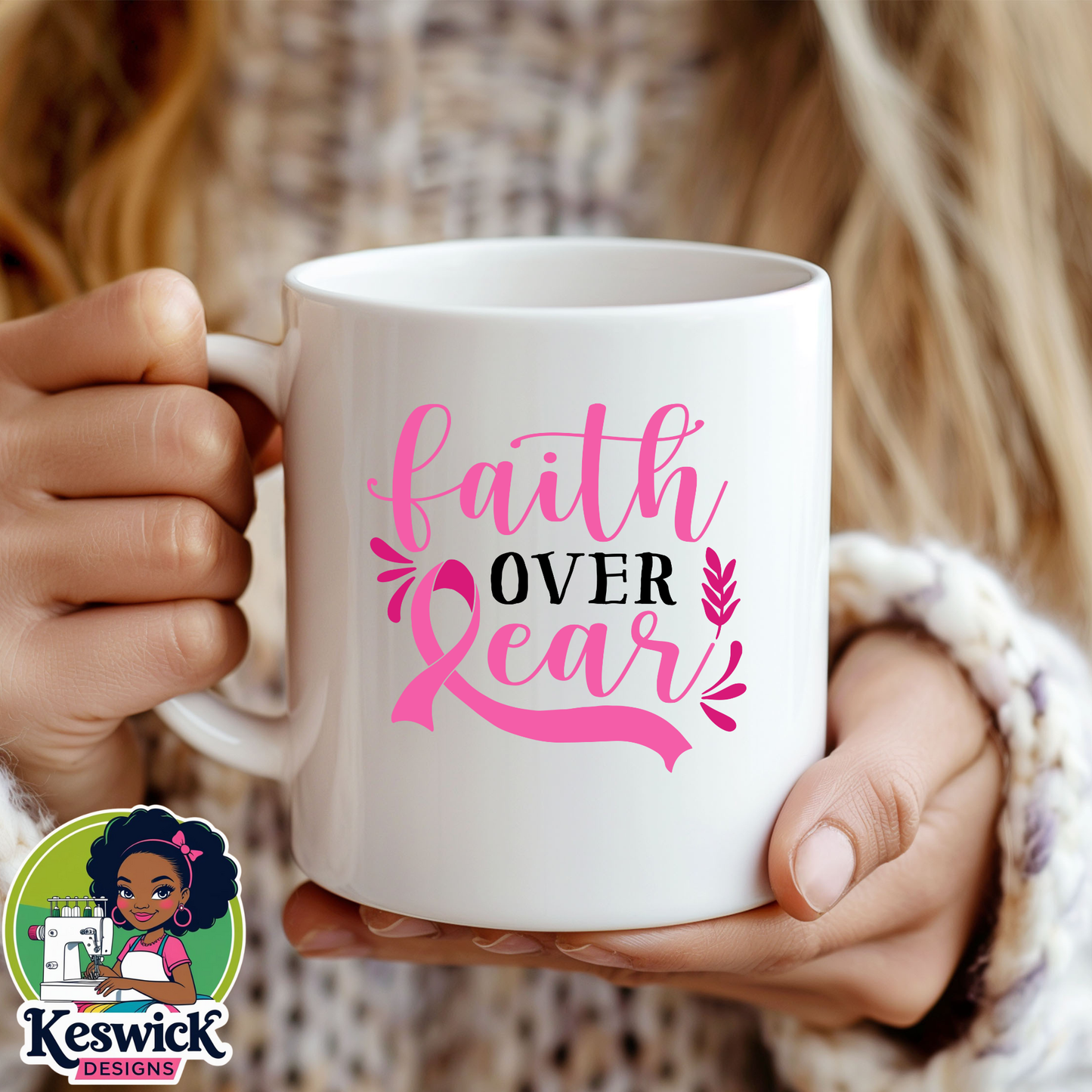 Faith Over Fear Breast Cancer Awareness Coffee Mug | Pink Ribbon Mug |Support & Hope Gift |Survivor Mug | Inspirational Coffee Cup