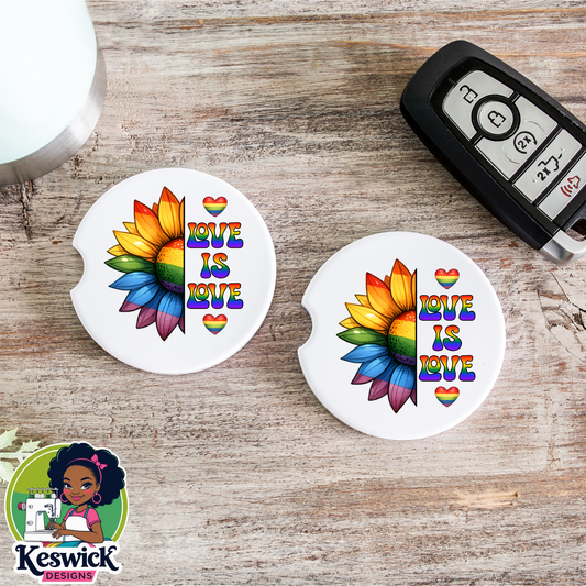 Love Is Love  | 🏳️‍🌈 LGBTQ Pride Car Coasters | Rainbow Car Accessories | Love Wins Cup Holder Coaster Set | Equality Gift | Pride Gift for Her or Him| Set of 2