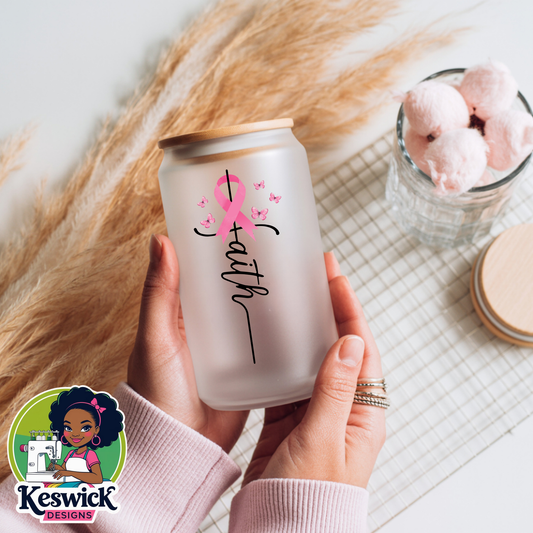 Faith Pink Ribbon Libbey Glass | Breast Cancer Awareness Cup | Inspirational Glass Cup | Pink Ribbon Gift for Her | Survivor Gift | Cancer Support Tumbler| 16oz Libby frosted Glass with bamboo Lid and Straw