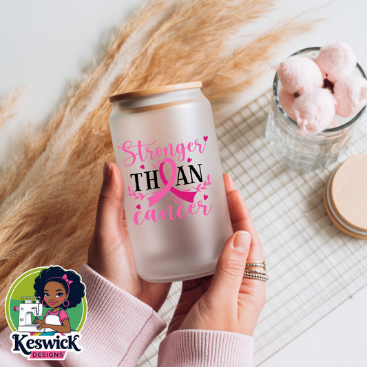 Stronger Than Cancer Libbey Glass | Breast Cancer Awareness Cup | Inspirational Glass Cup | Pink Ribbon Gift for Her | Survivor Gift | Cancer Support Tumbler|16oz Libby frosted Glass with bamboo Lid and Straw
