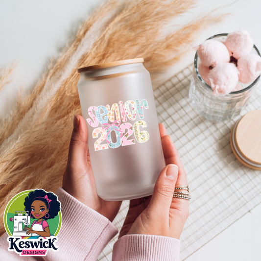 Senior 2026 Frosted Libbey Glass Cup | Graduation Iced Coffee Cup | 16oz Frosted Glass Tumbler with Lid and Straw | Class of 2026 Gift | Senior Year Cup