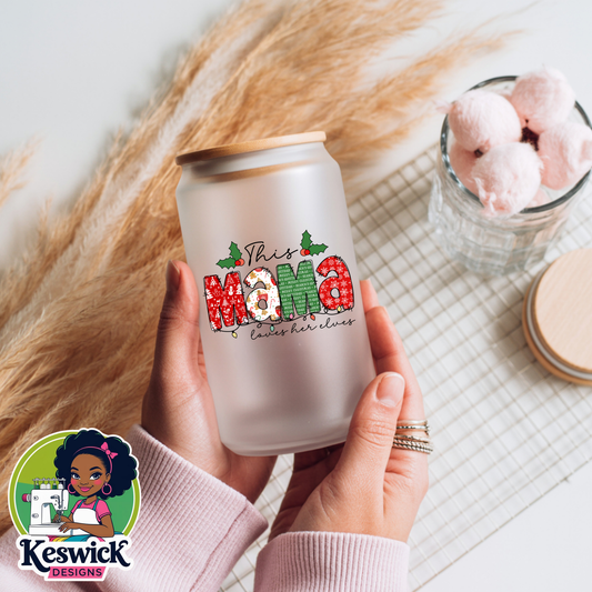 MAMA Christmas Frosted Libby Glass Cup | Holiday Iced Coffee Cup | 16oz Frosted Tumbler with Lid and Straw | Festive Mom Gift | Merry MAMA Cup