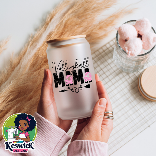 Volleyball MAMA Frosted Libbey Glass Cup | 16oz Frosted Iced Coffee Cup with Lid and Straw | Sports Mom Gift | Game Day Drinkware | Athletic Mom Cup