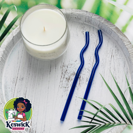 Reusable Glass Blue Wavy Straws | Eco Friendly Drinking Straw | Colorful Bent Glass Straw for Smoothies, Iced Coffee, & Juices | Fun Gift Idea | Set of 2