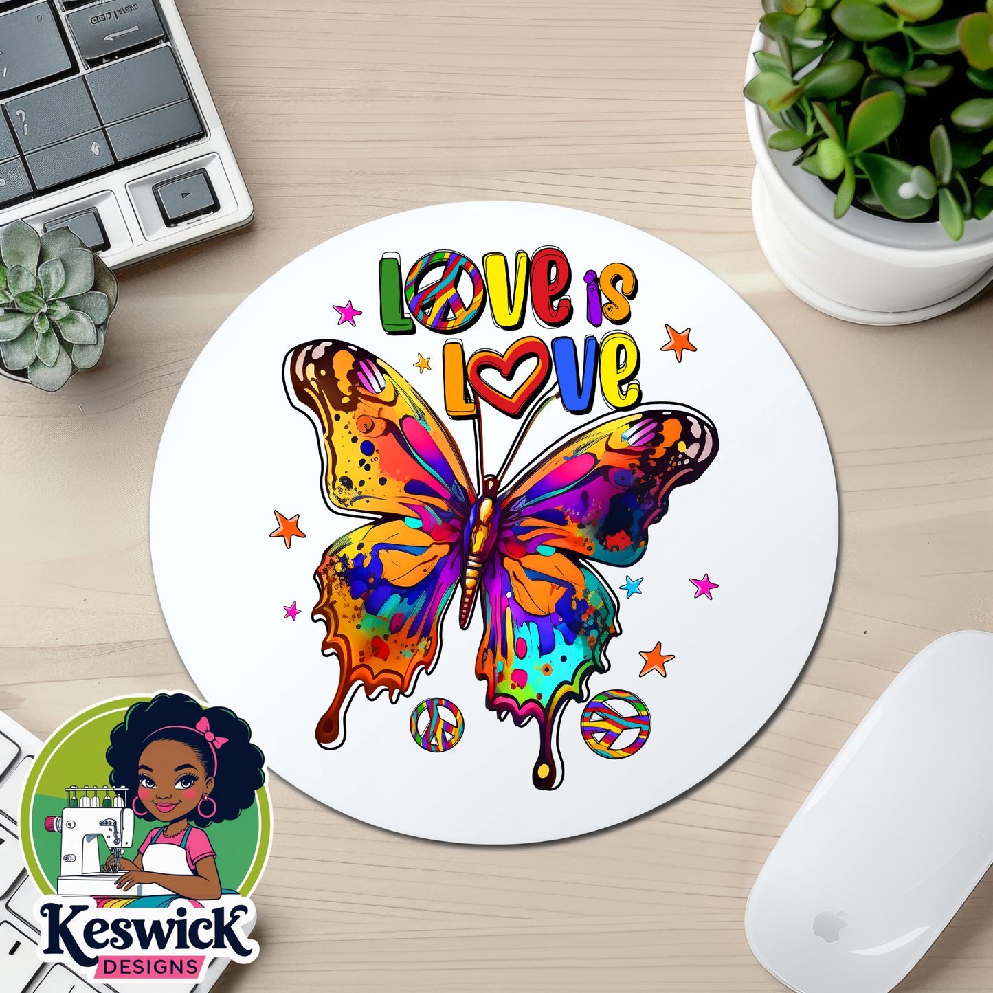 Love Is Love with Butterfly Mousepad | LGBTQ Pride Mouse Pad | Rainbow Desk Accessory | Cute Office Decor | Support Equality Gift | Work From Home Gift
