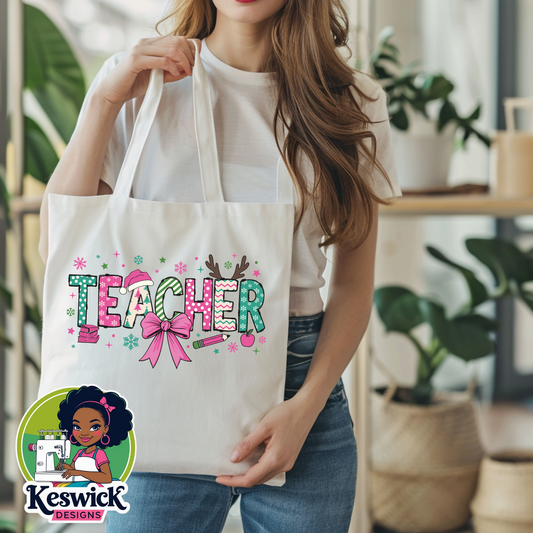 Teacher Christmas Design Tote Bag | Cute Teacher Gift | Teacher Appreciation Week | Classroom Tote Bag | Teacher Life Bag | End of Year Teacher Gift