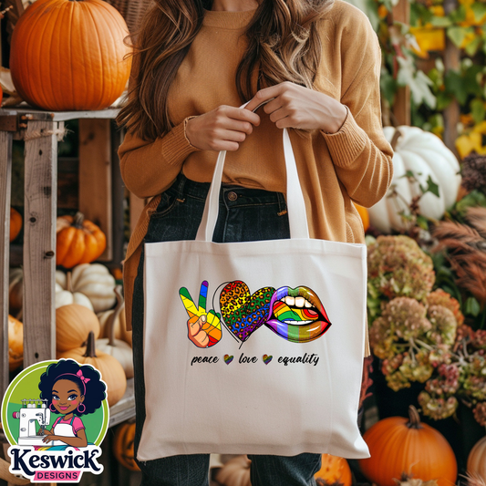 Peace Love Equality  | LGBTQ+ Tote Bag | Pride Rainbow Canvas Bag | Love Is Love Reusable Tote | Inclusive Gift | Queer Affirmation Bag | Eco-Friendly Pride Merch