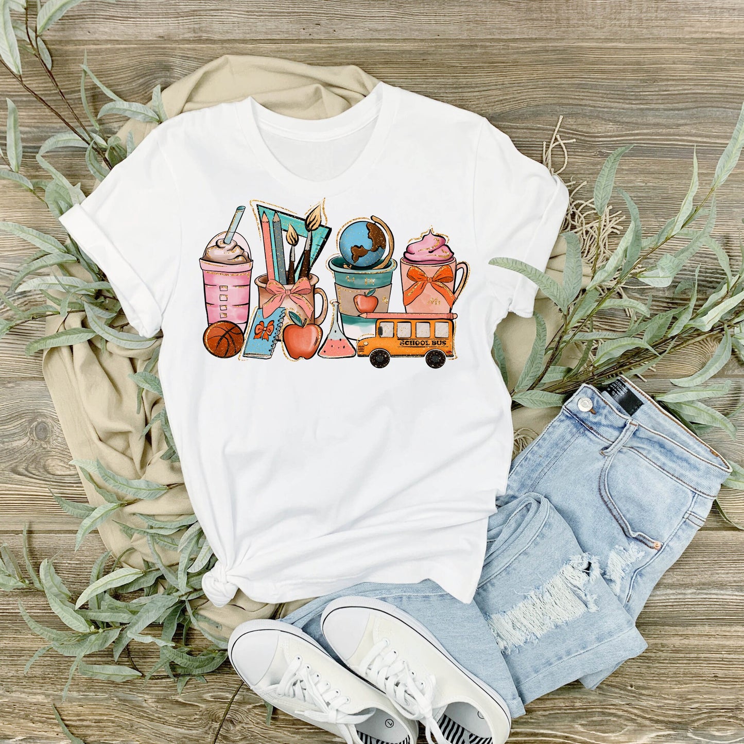 Teacher Latte with School Supplies - Sublimation Shirt - White - Preppy