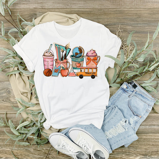 Teacher Latte with School Supplies - Sublimation Shirt - White - Preppy