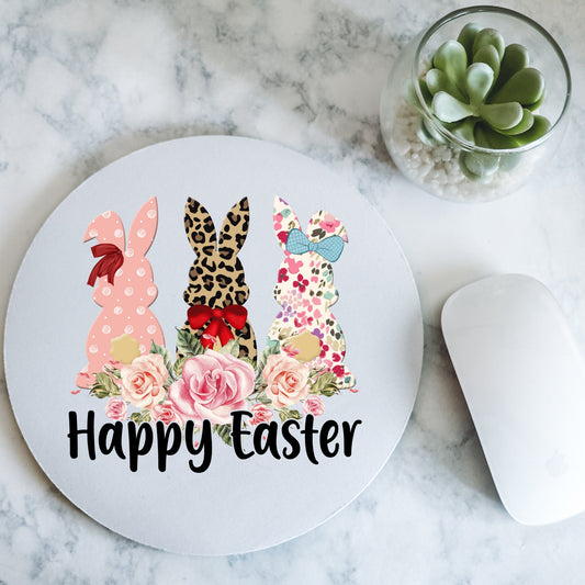 Happy Easter | Three Bunnies With Bows | Round Mousepad - 7.87 x 7.87"